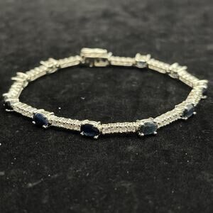 Dark Blue & Clear Gemstones Silver Tennis Bracelet 7"